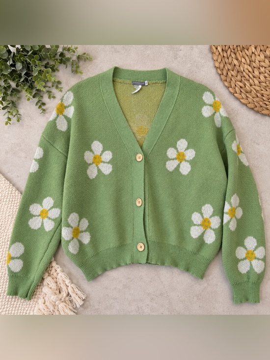 Sweaters - Earthbound Sage Green Daisy Knit Cardigan Sweater